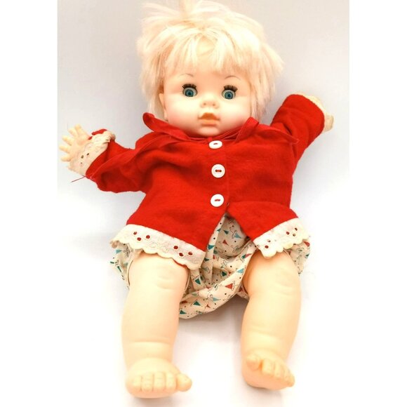 Eugene Girl Baby Doll in Red Sweater Vintage Blue Eyes Open Close Blond Hair - Picture 1 of 16